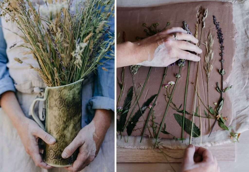 Close up of meadow grasses being printed on clay