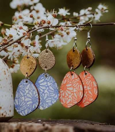 Colourful Wooden Handprinted Drop Earrings