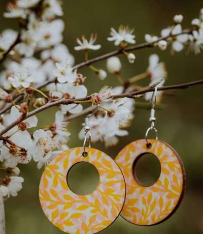 Yellow and coral leaf wooden earrings