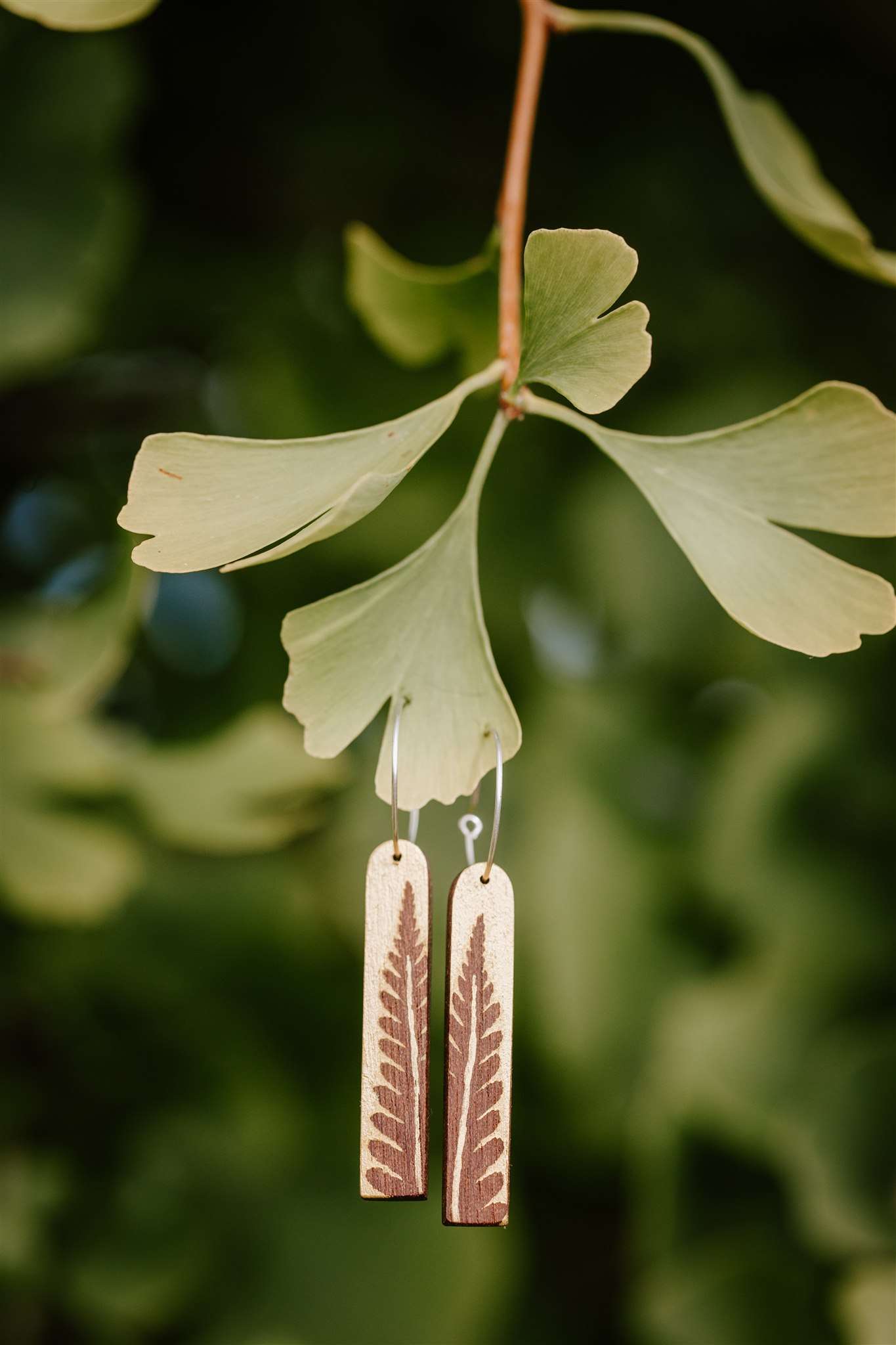 wooden gold fern earrings