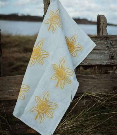 daffodil lino print tea towel