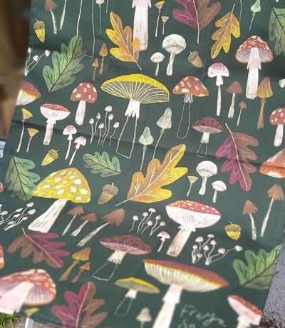 freya mushrooms tea towel open