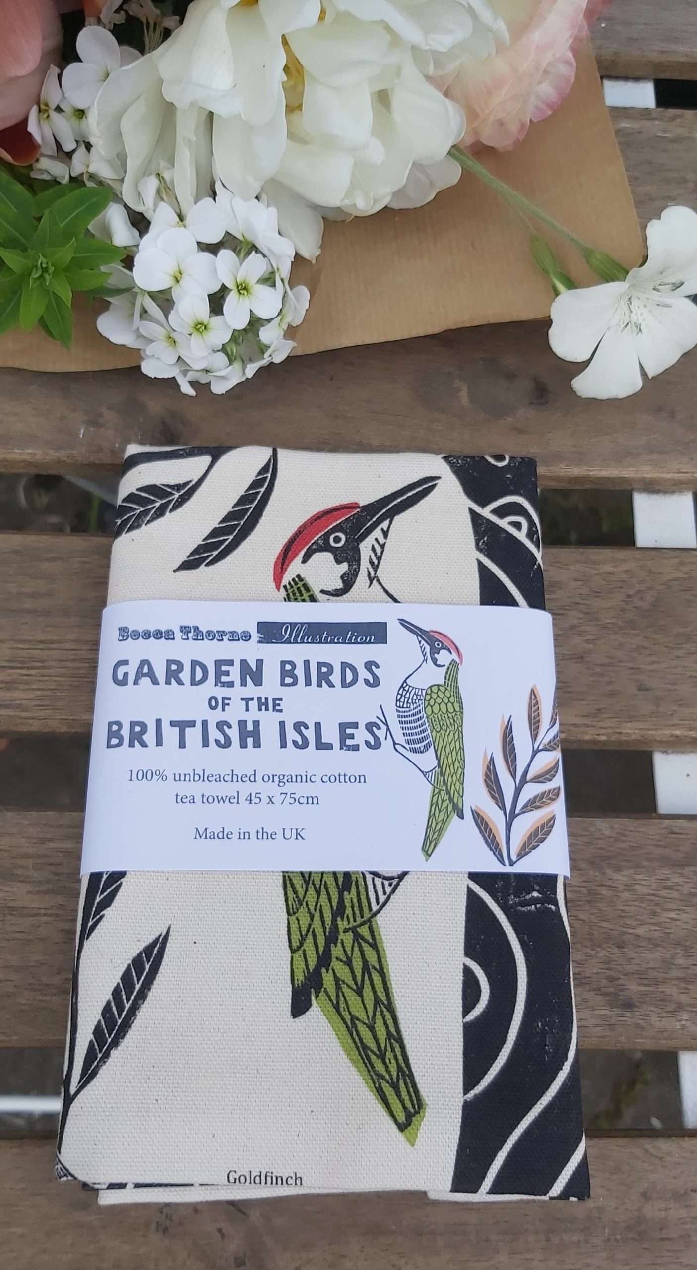 garden birds tea towel