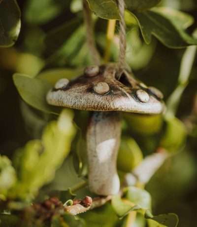Hanging spotted ceramic mushroom