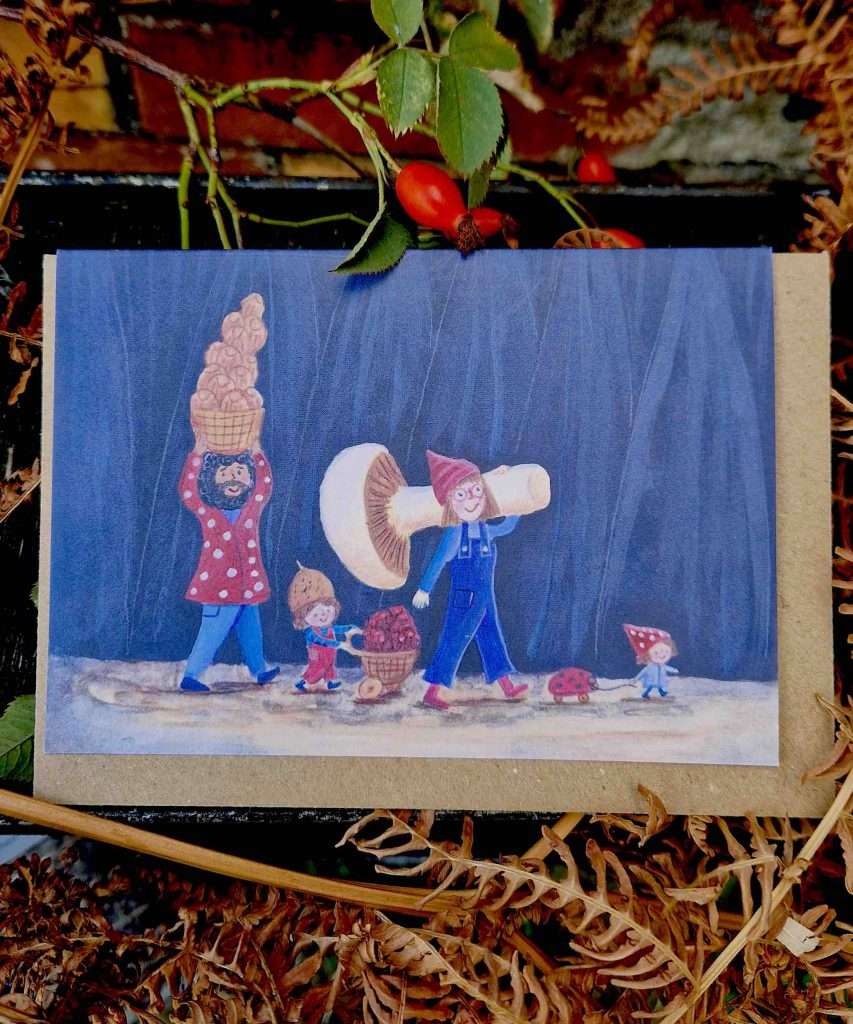 mushroom foraging elf family card