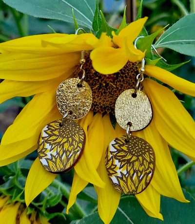 sunflower gold foil wooden earrings