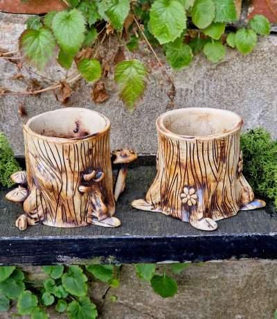tree trunk plant pots back
